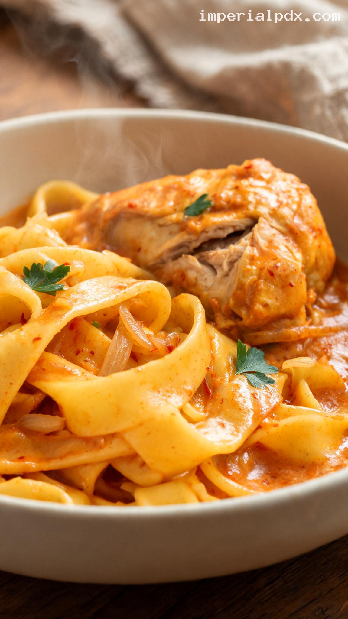 Amish Chicken Paprikash With Homemade Egg Noodles – Closeup