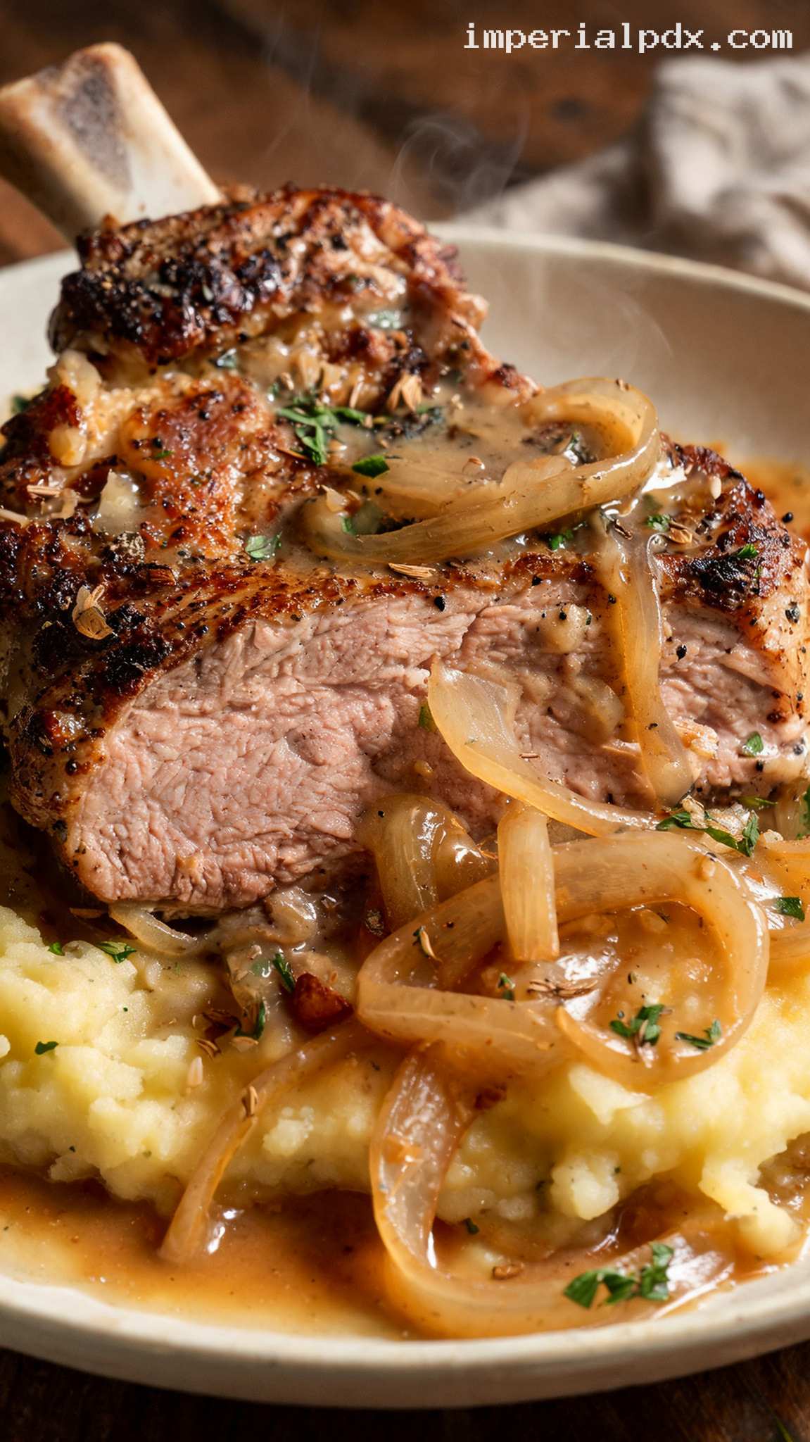 Amish Country-Style Pork Chops With Creamy Onion Gravy – Closeup