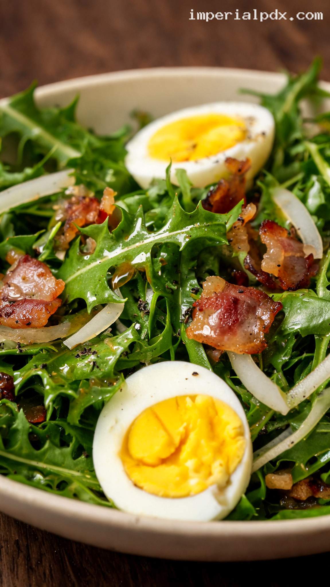 Amish Dandelion Greens with Warm Bacon Dressing – Closeup