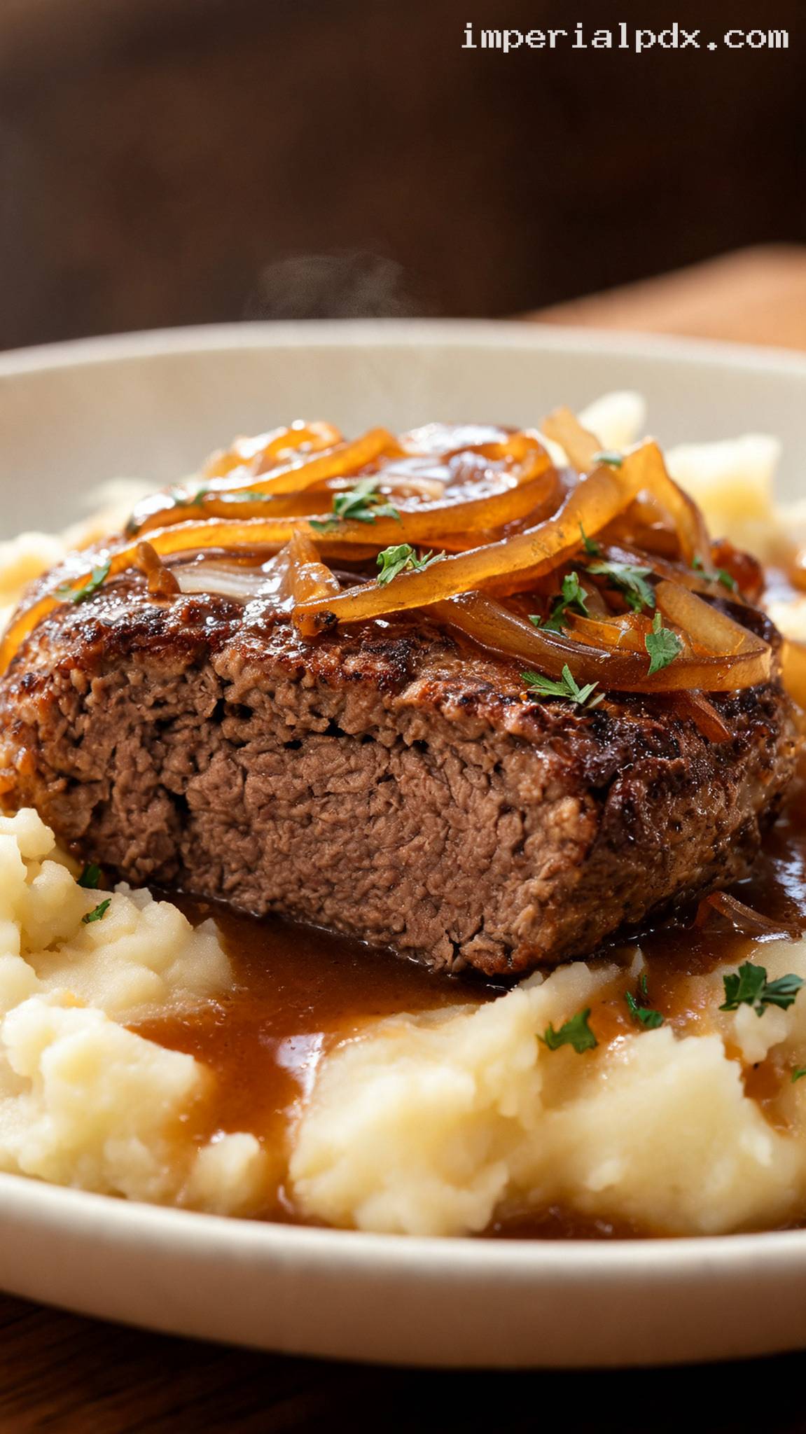 Amish Hamburger Steaks with Caramelized Onion Gravy – Closeup