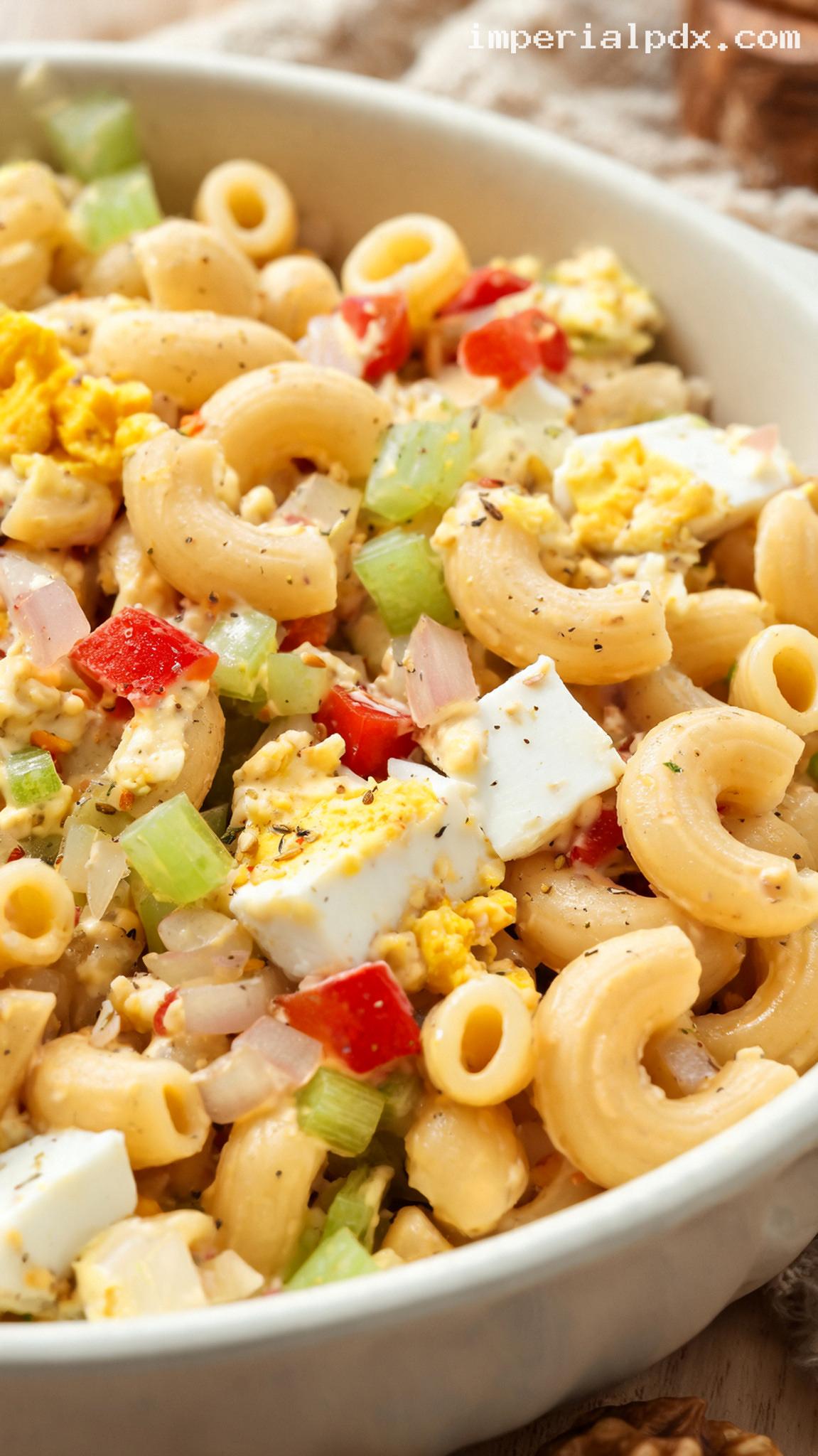 Amish Macaroni Salad with Eggs and Sweet Mustard Dressing – Closeup