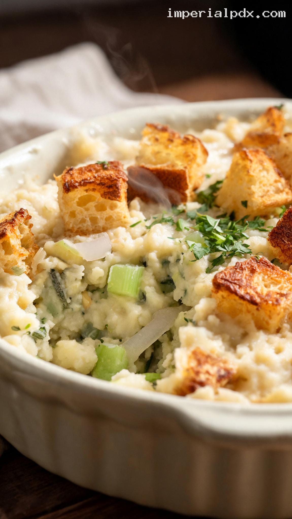 Amish Potato Filling With Celery, Onion, and Buttery Bread – Closeup