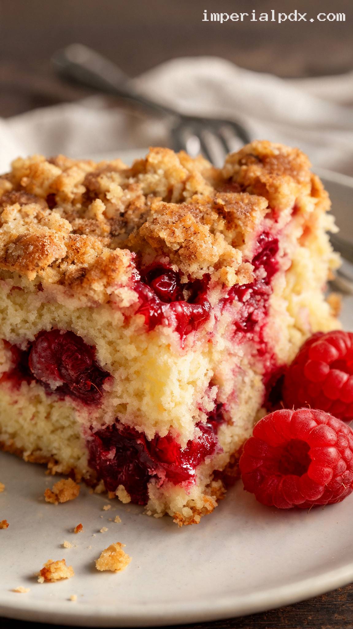 Amish Raspberry Buckle Cake with Buttery Crumble Topping – Closeup