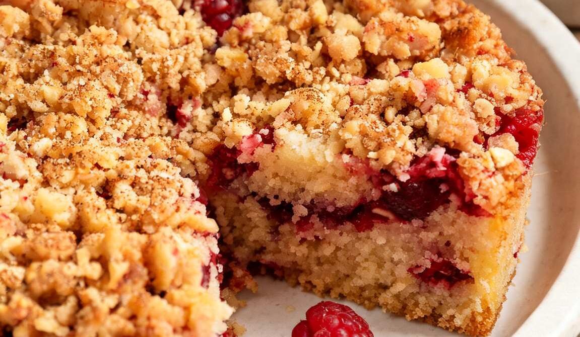 Amish Raspberry Buckle Cake with Buttery Crumble Topping