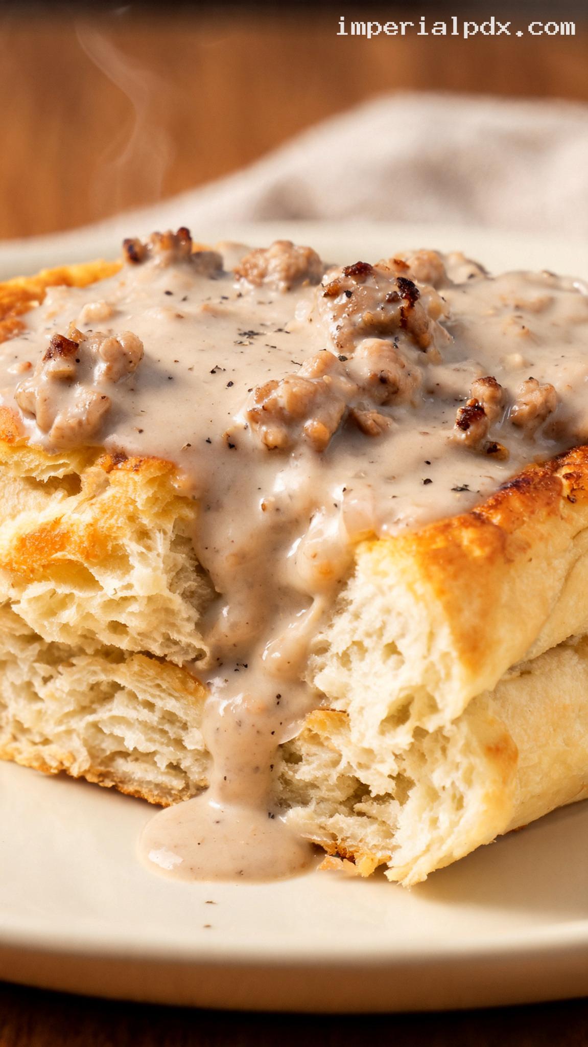 Amish Sausage Gravy Over Fluffy Homemade Biscuits – Closeup