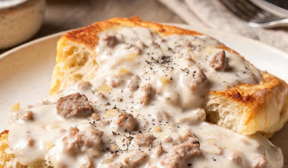 Amish Sausage Gravy Over Fluffy Homemade Biscuits