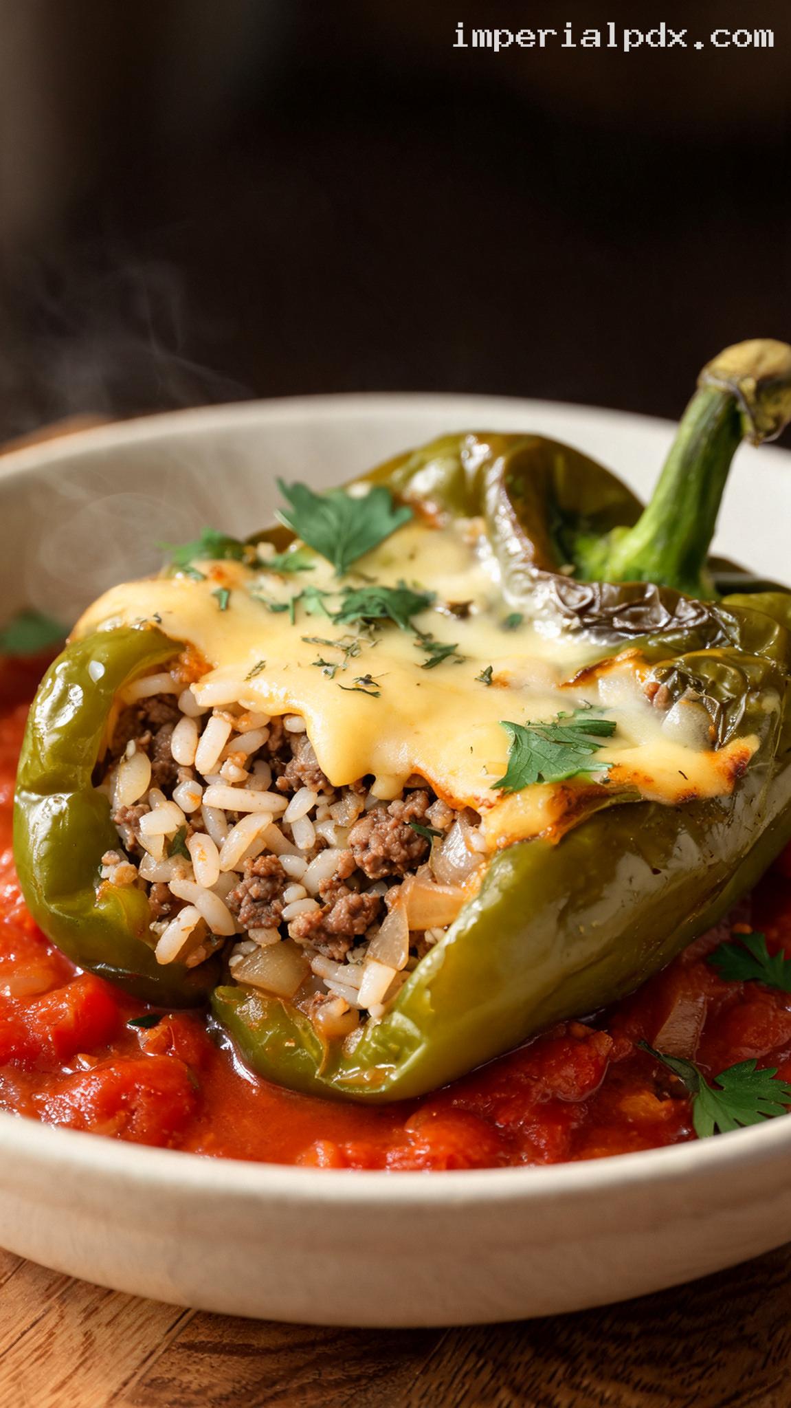 Amish Stuffed Green Peppers with Beef and Rice – Closeup