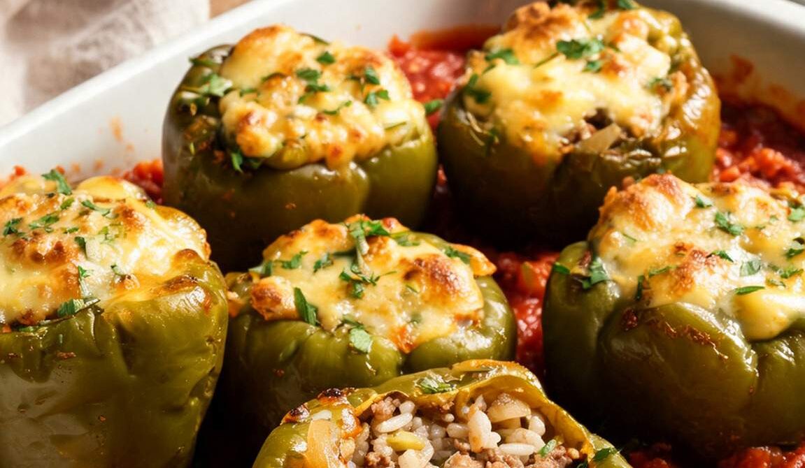 Amish Stuffed Green Peppers with Beef and Rice