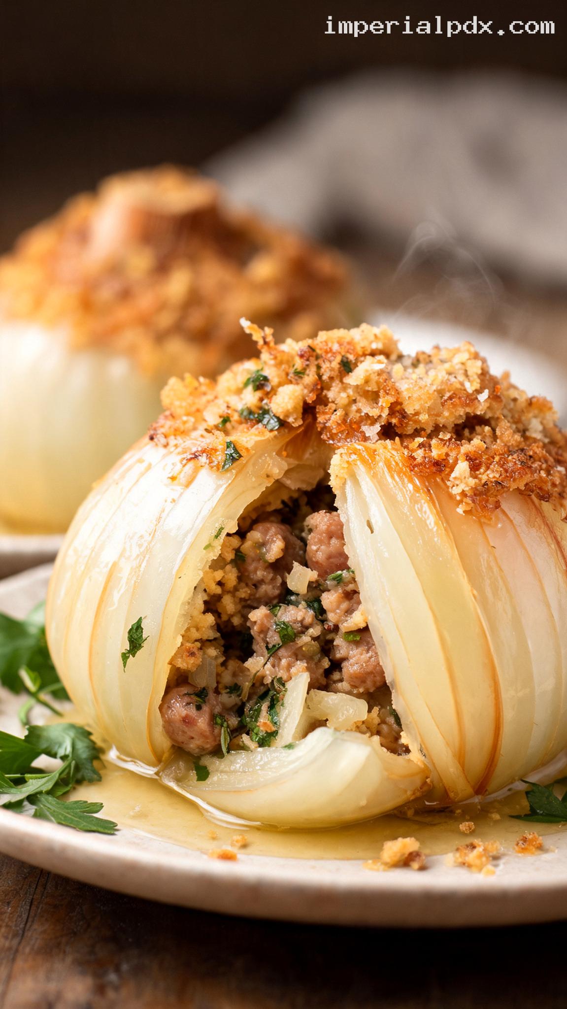 Amish-Style Baked Stuffed Onions with Sausage and Bread Crumbs – Closeup