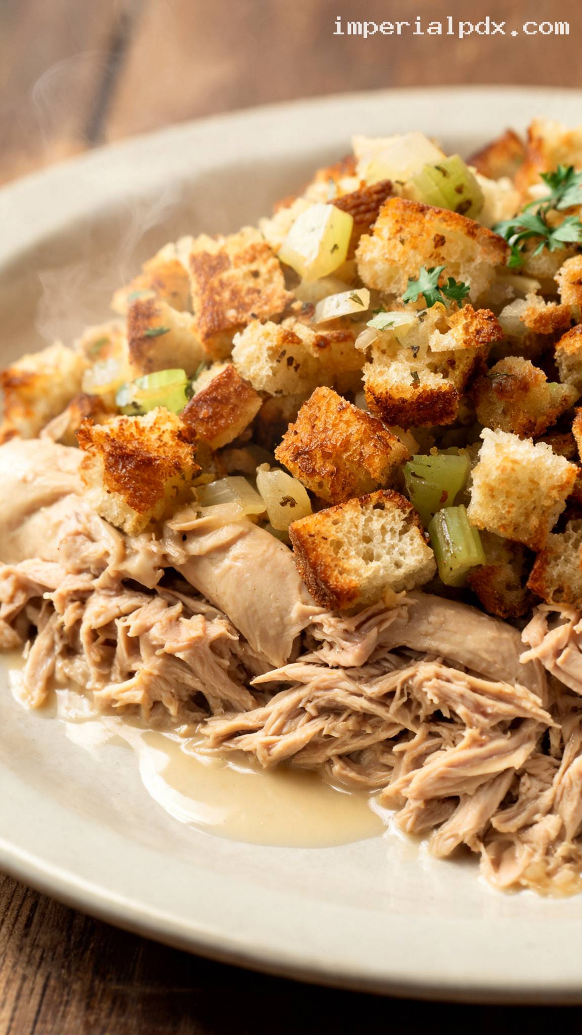 Amish-Style Chicken and Stuffing Bake with Creamy Gravy – Closeup