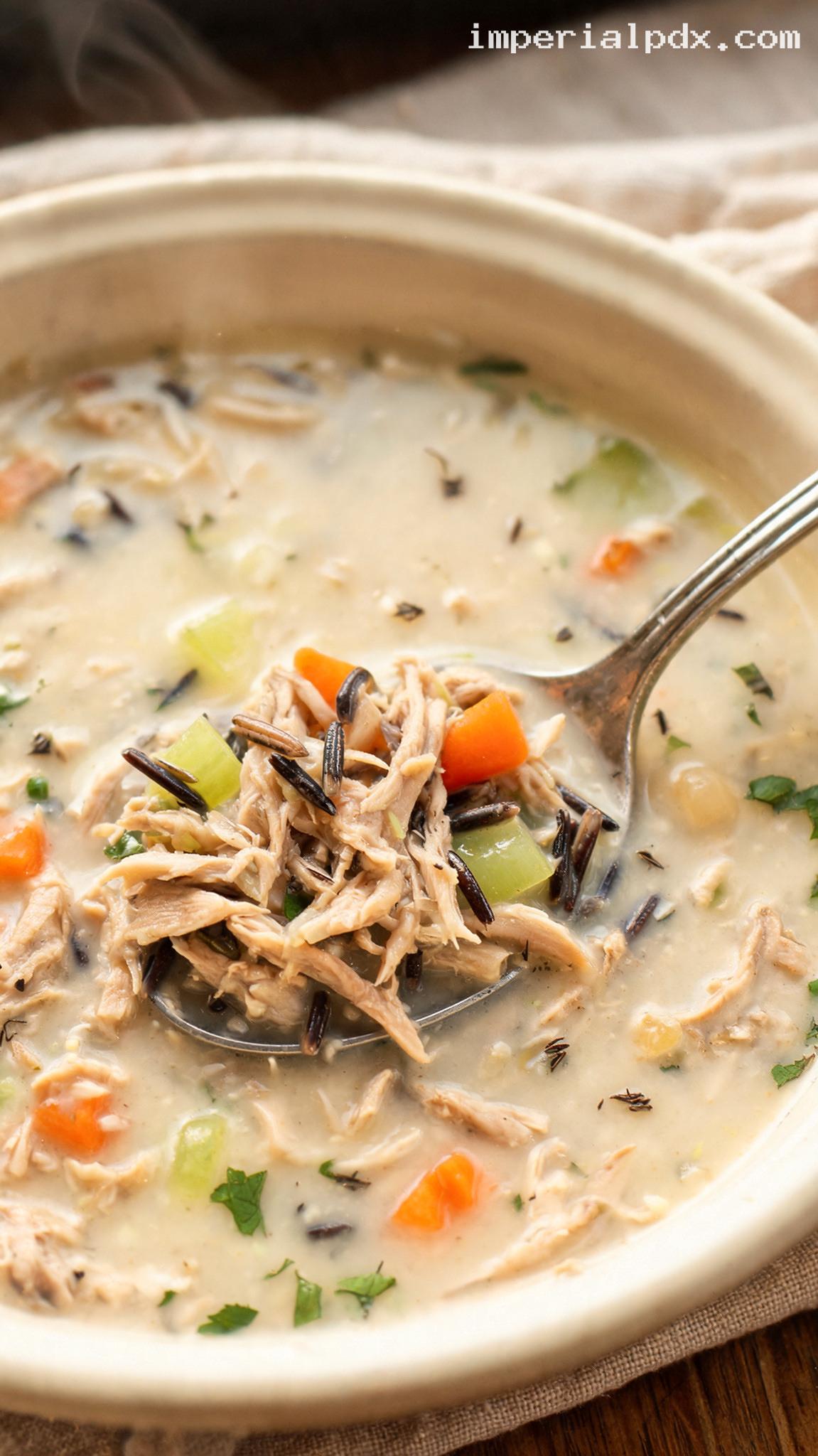 Amish-Style Creamy Chicken and Wild Rice Soup – Closeup