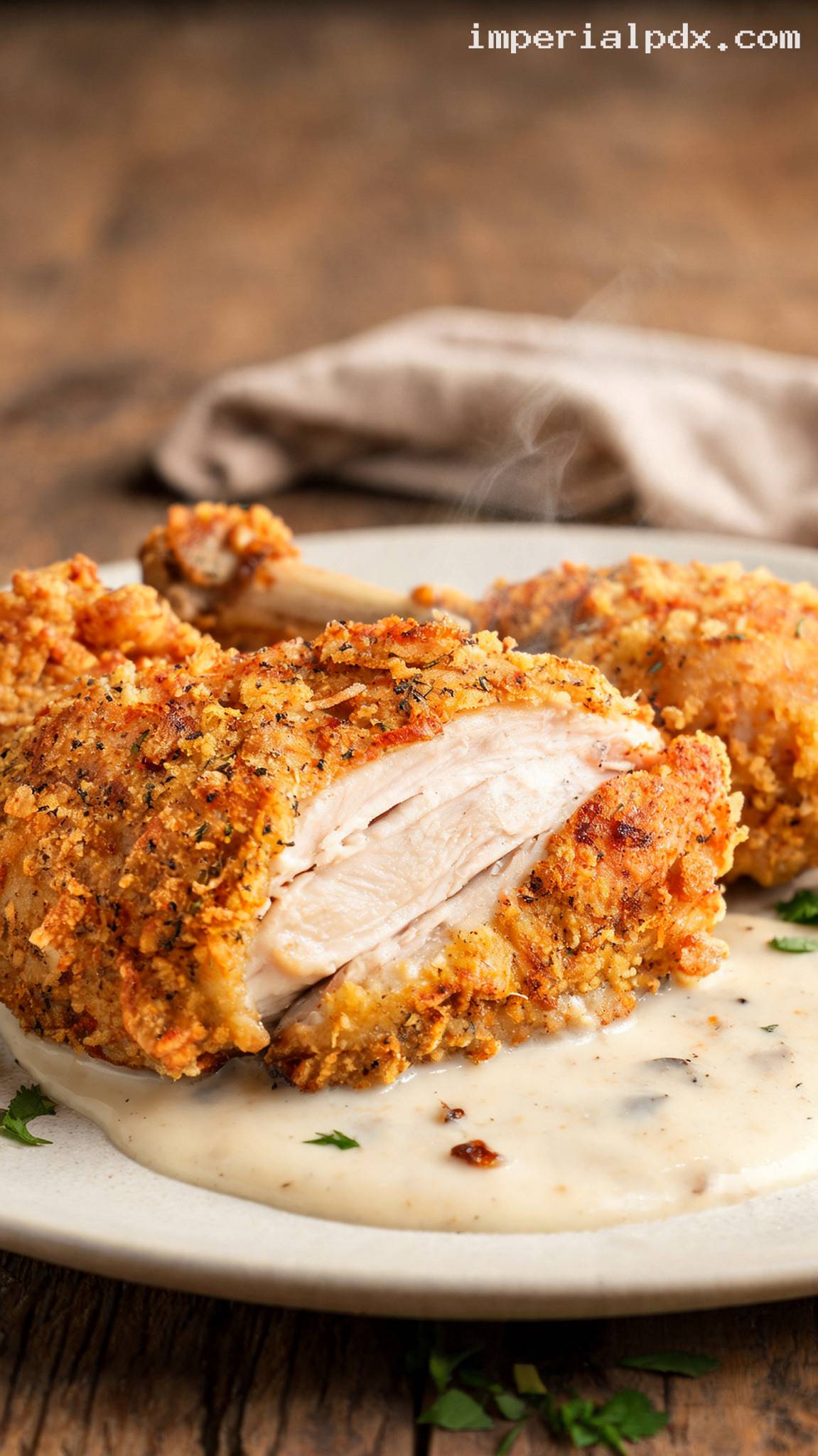 Amish-Style Fried Chicken with Buttermilk Gravy – Closeup
