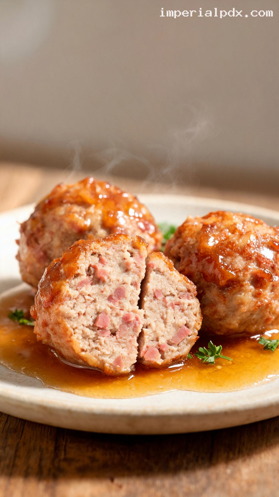 Amish-Style Ham Balls With Pineapple Brown Sugar Glaze – Closeup