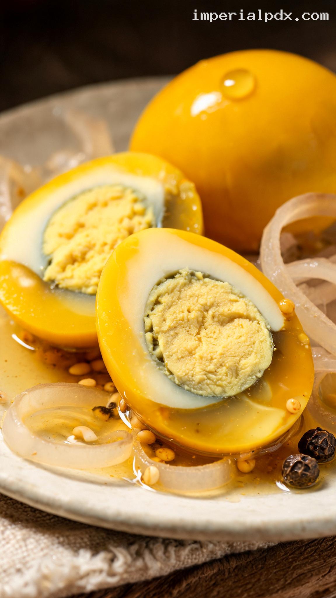 Amish-Style Pickled Mustard Eggs with Turmeric – Closeup