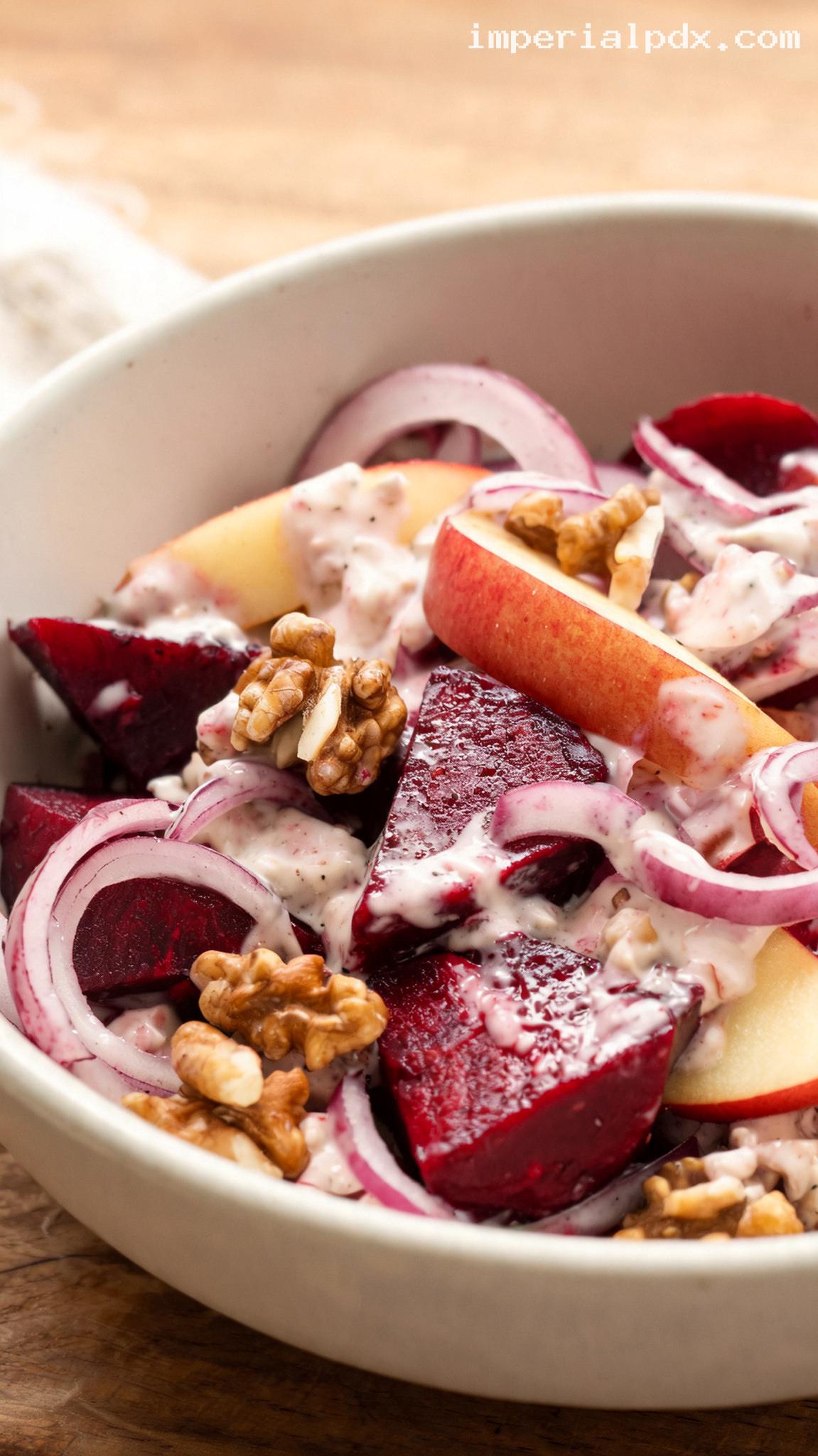 Amish-Style Roasted Beet and Apple Salad with Creamy Horseradish Dressing – Closeup