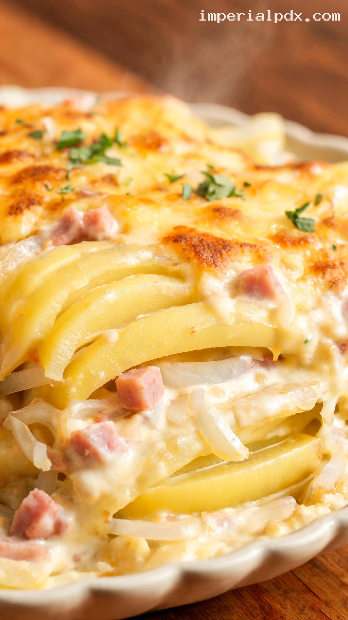 Amish-Style Scalloped Potatoes with Ham and Cheddar – Closeup