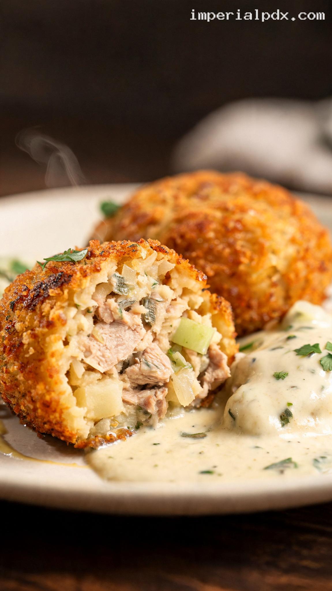 Amish-Style Turkey Croquettes with Sage Cream Sauce – Closeup