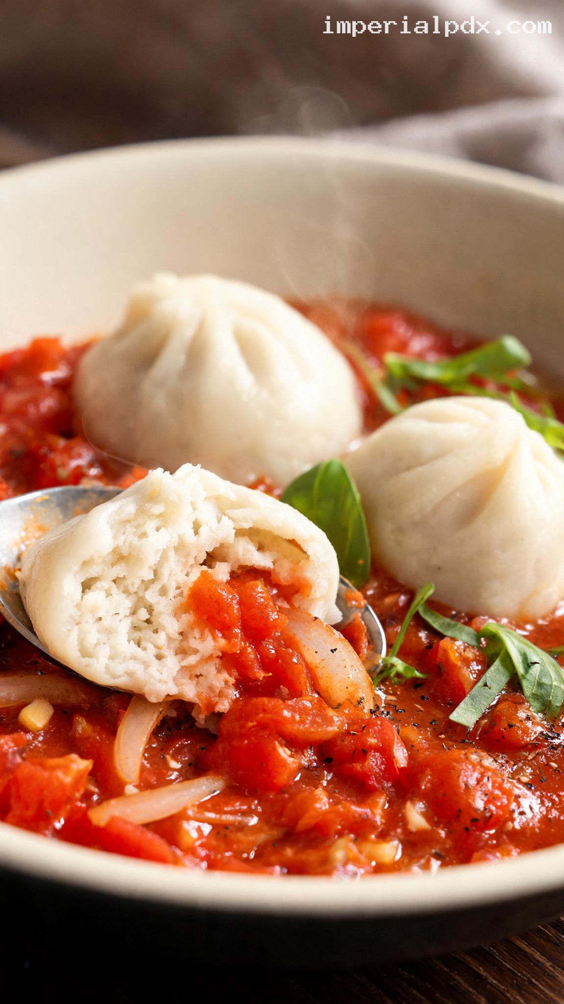 Amish Tomato Dumplings in Savory Herb Sauce – Closeup