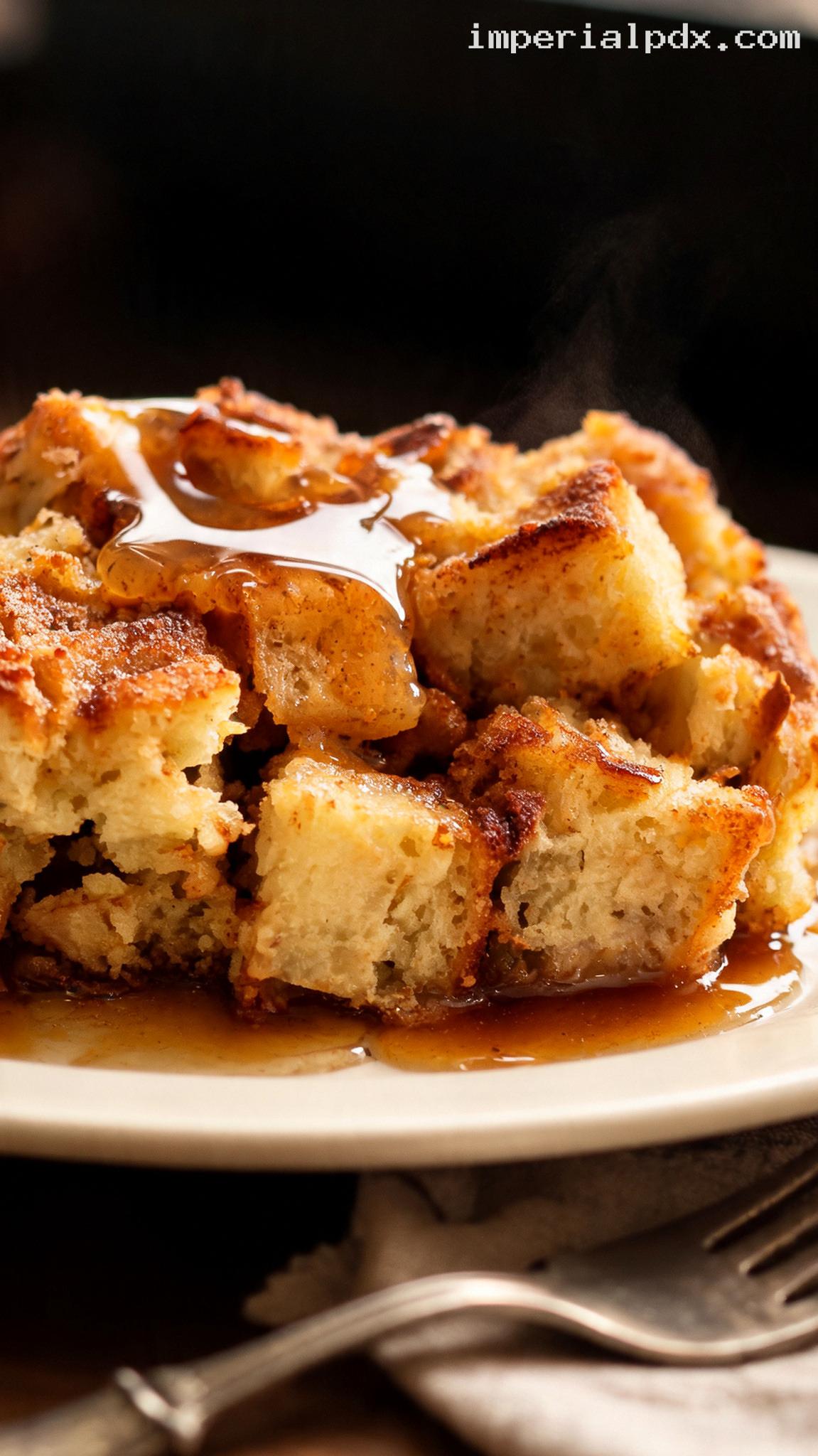 Amish Vanilla Bread Pudding with Warm Brown Sugar Sauce – Closeup