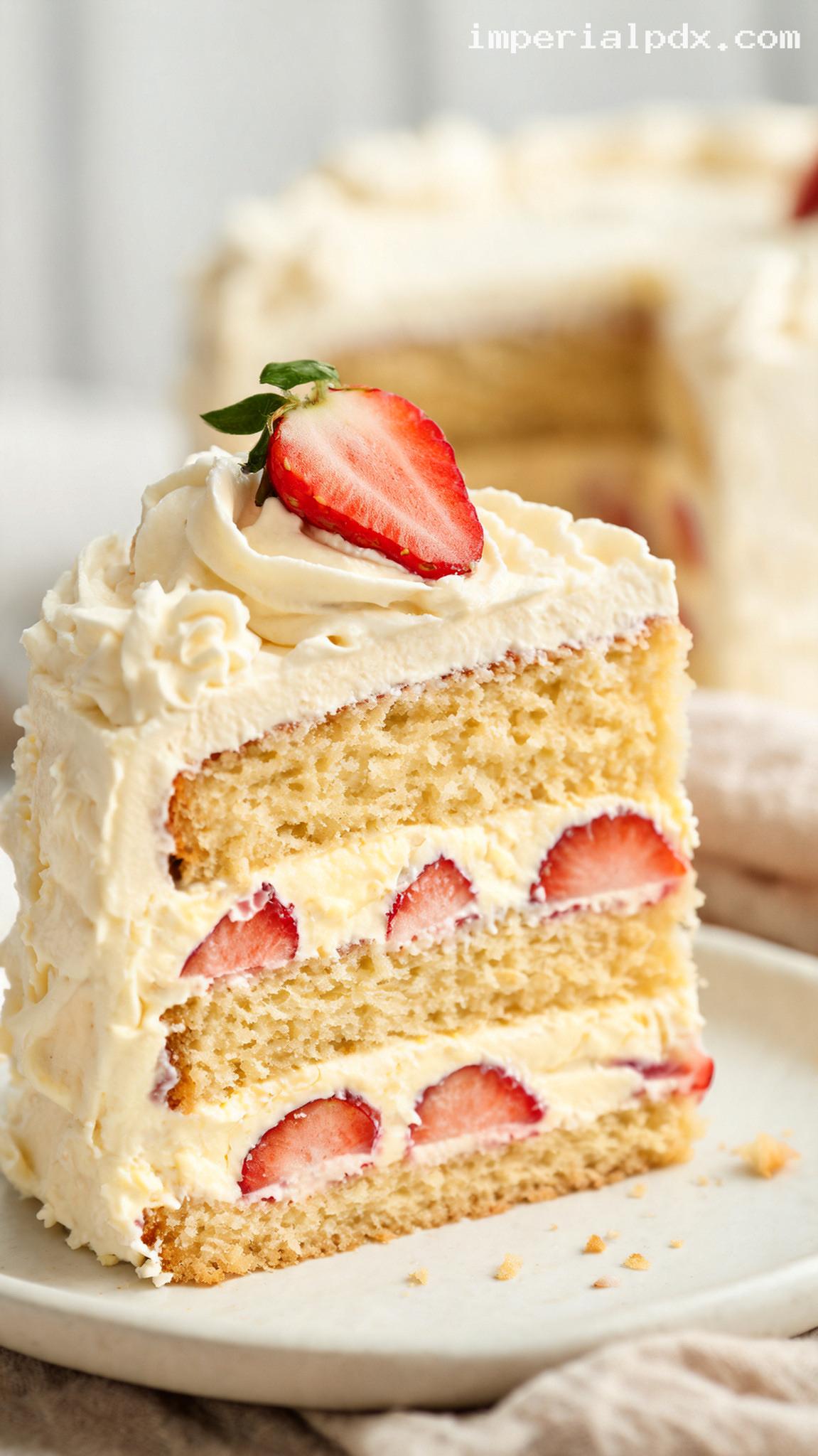 Amish Vanilla Cream Layer Cake with Fresh Strawberry Filling – Closeup