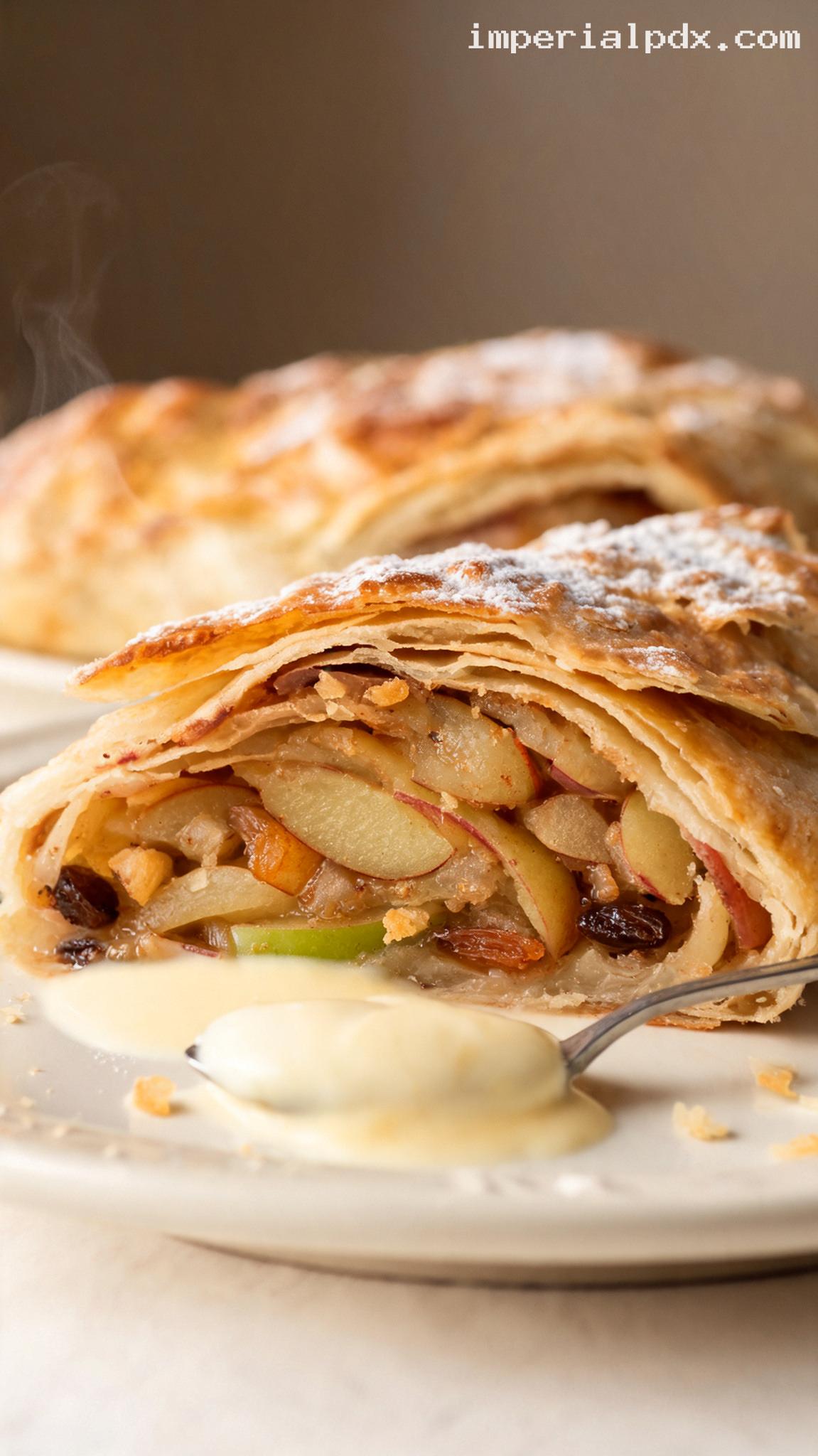 Apple Strudel with Cinnamon Apples and Vanilla Sauce – Closeup