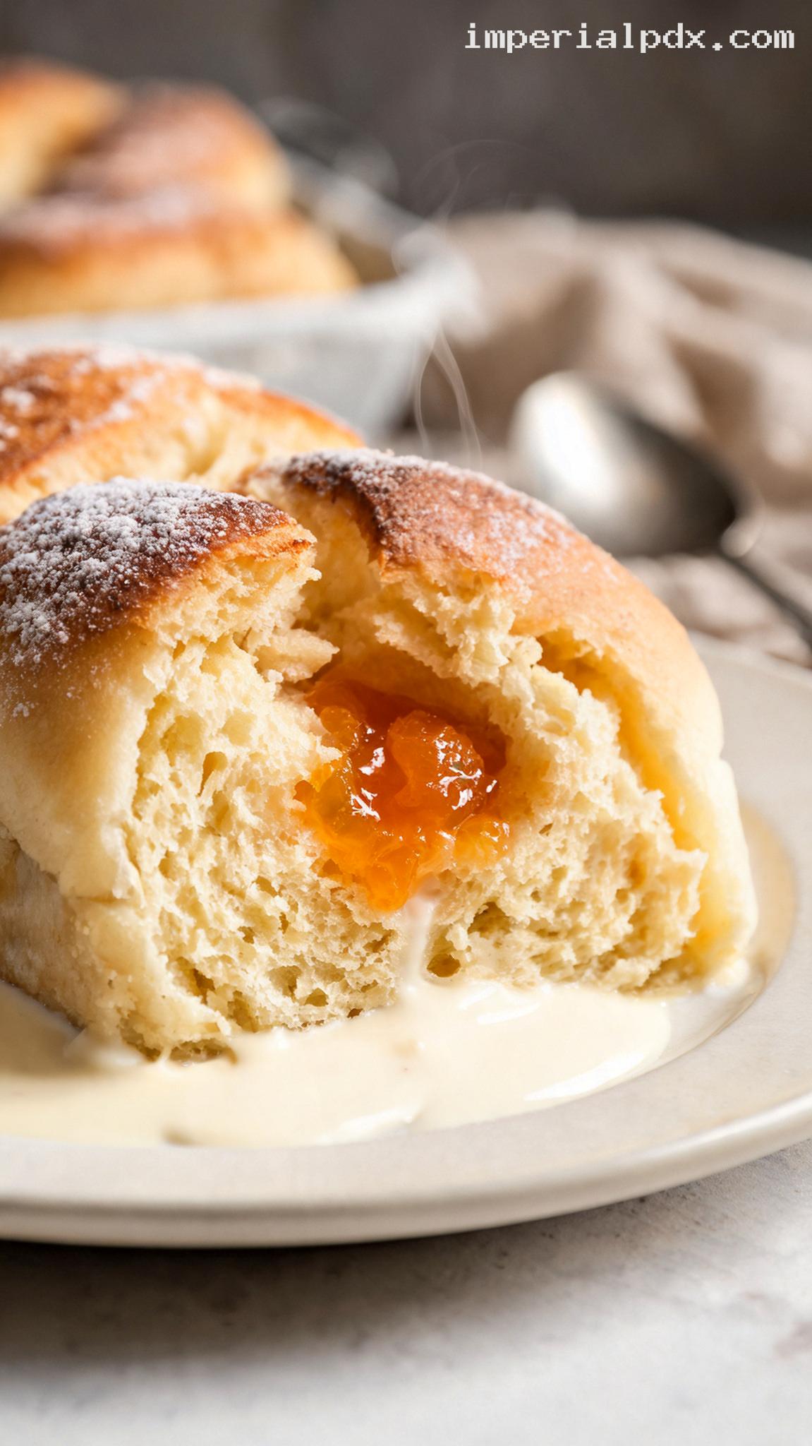 Apricot Jam-Filled Buchteln with Vanilla Sauce – Closeup
