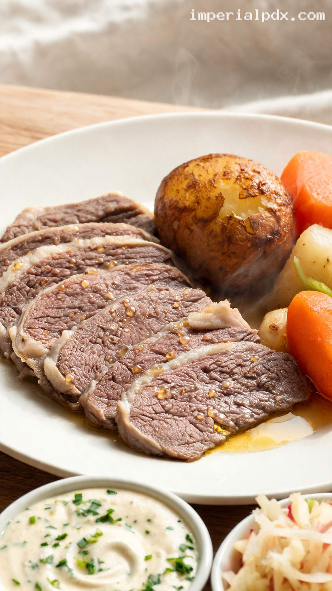 Classic Tafelspitz With Crispy Potatoes and Chive Sauce – Closeup