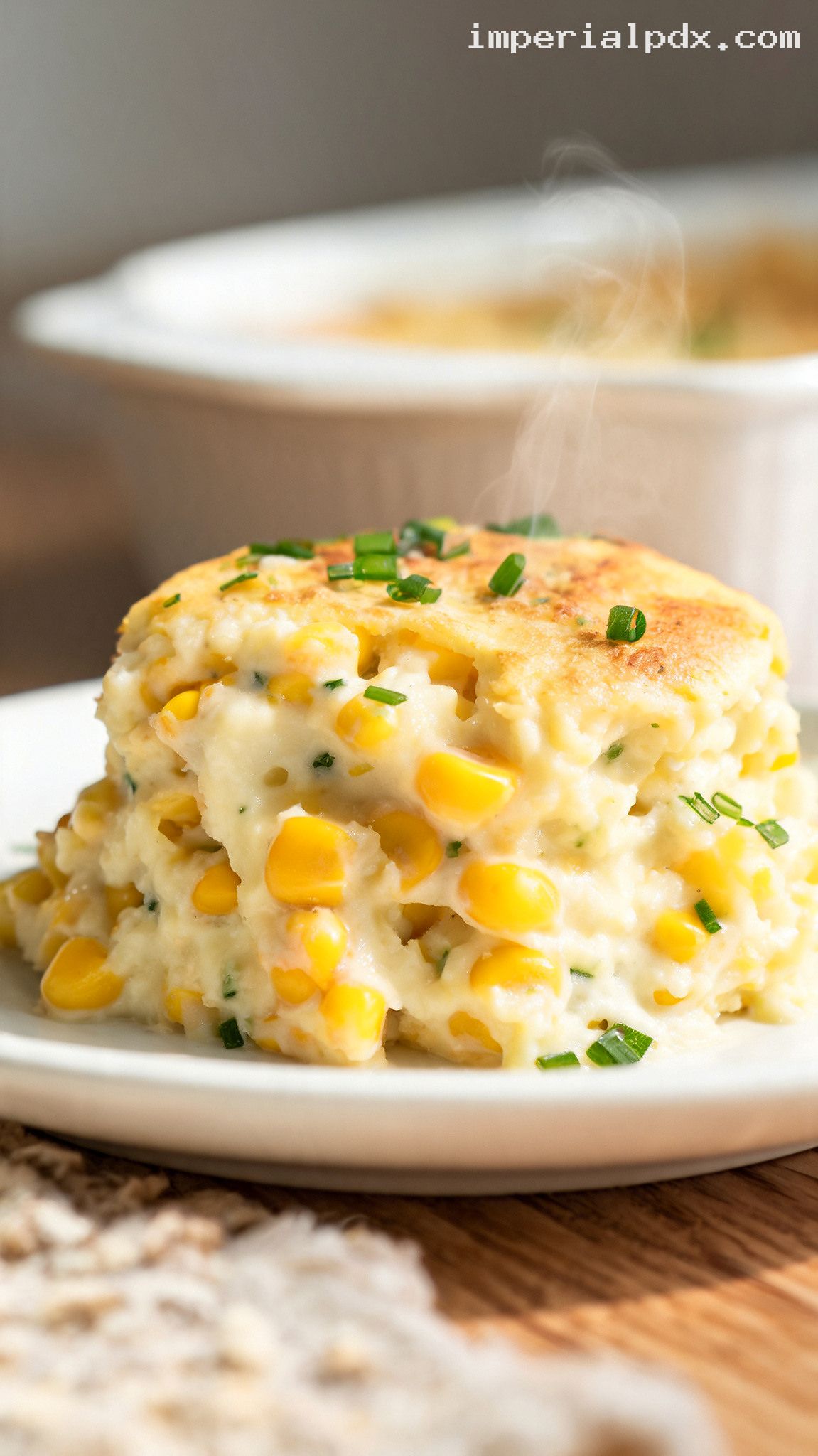 Creamy Amish Baked Corn Pudding with Fresh Herbs – Closeup