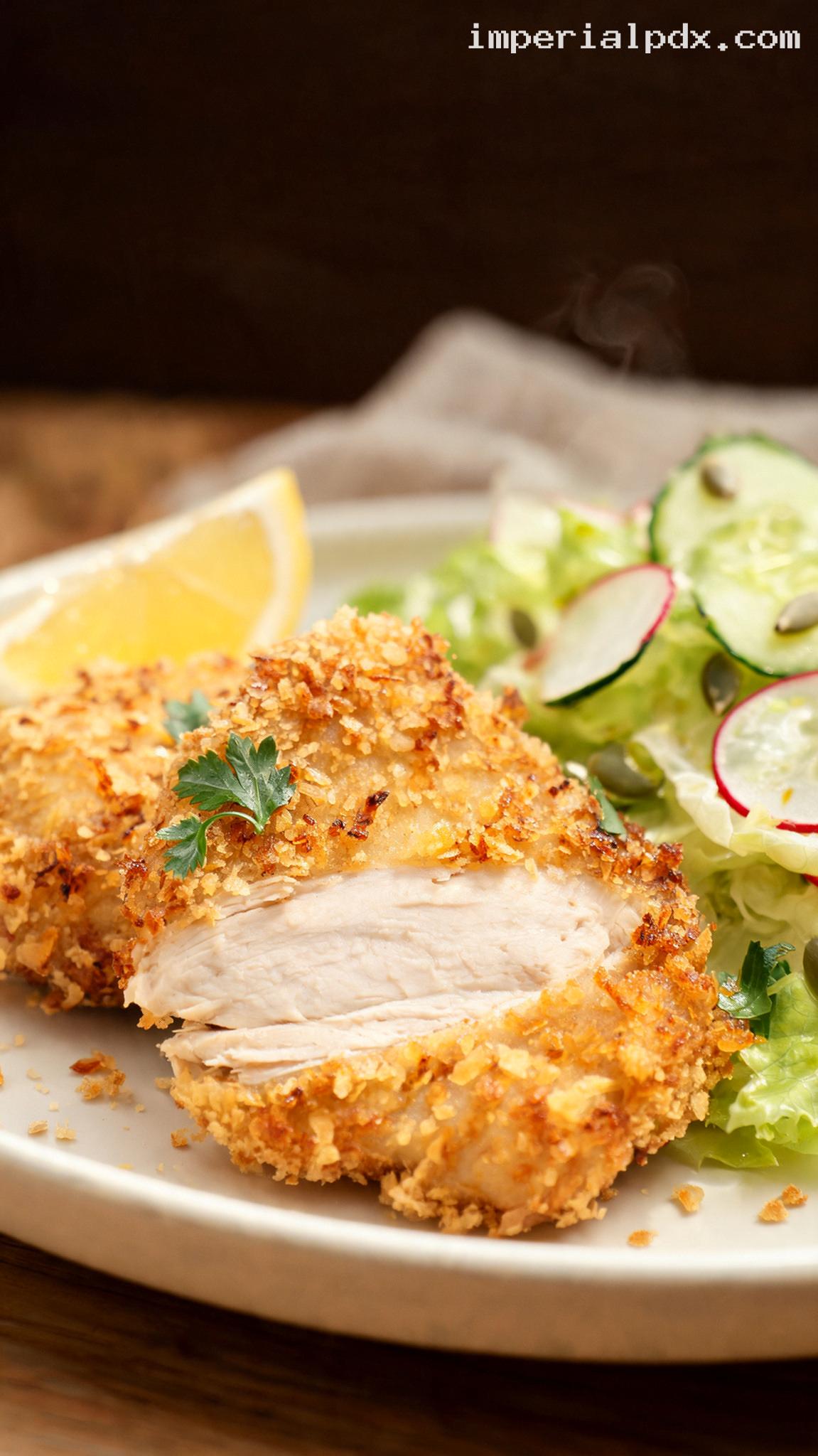Crispy Austrian Backhendl With Pumpkin Seed Oil Salad – Closeup