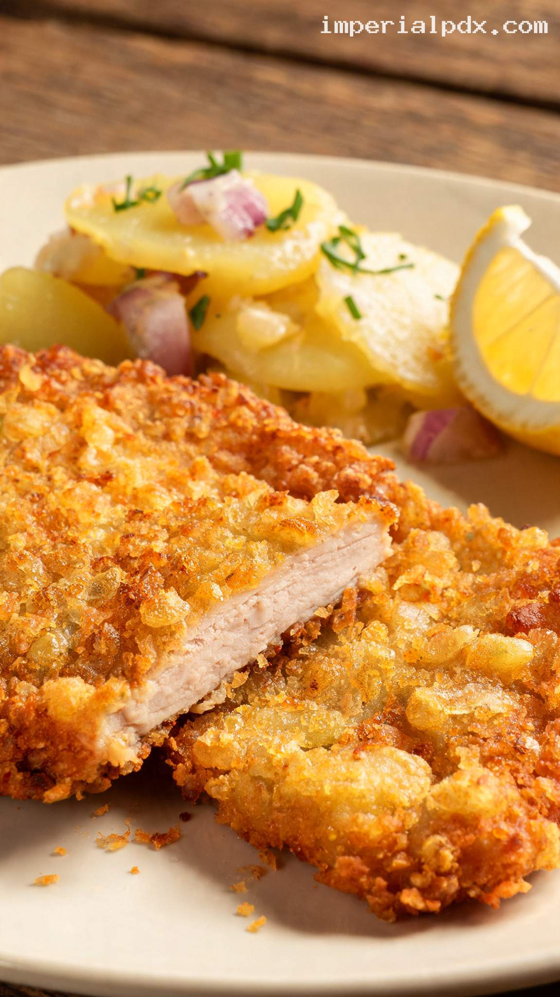 Crispy Wiener Schnitzel With Lemon and Potato Salad – Closeup