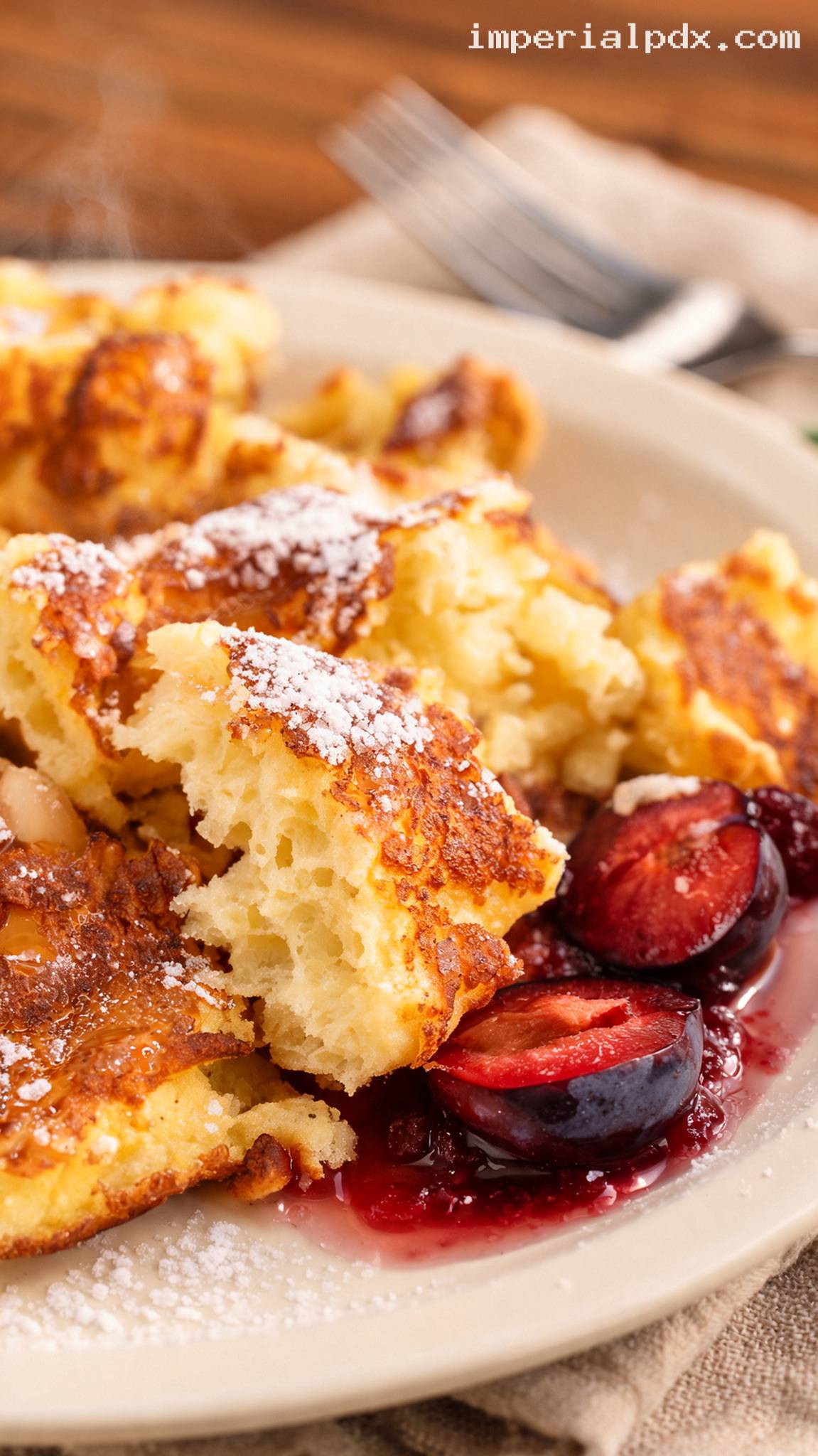 Fluffy Kaiserschmarrn with Tart Plum Compote – Closeup