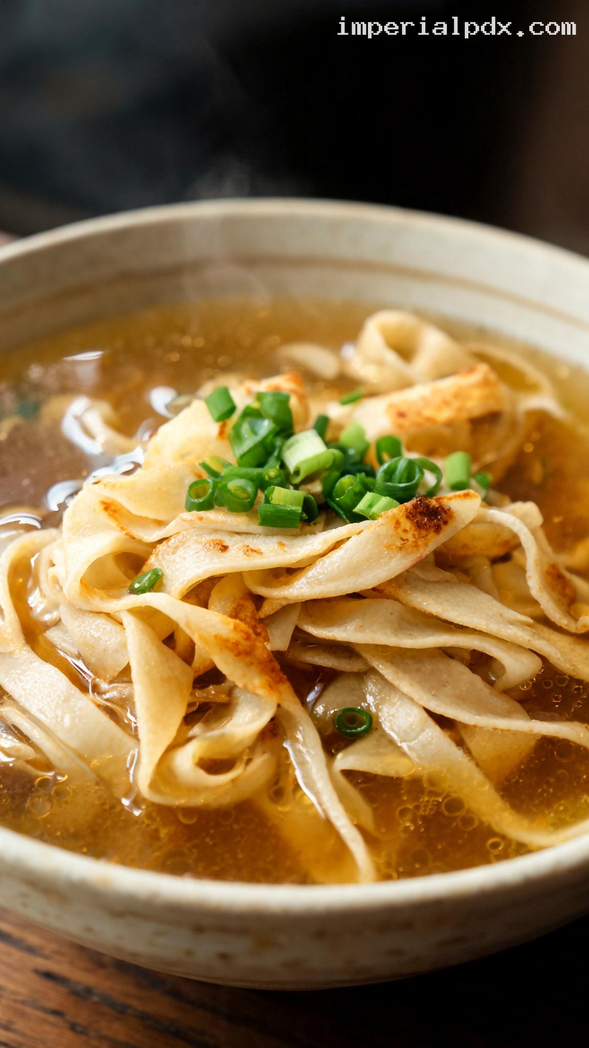 Frittatensuppe: Beef Broth With Pancake Ribbons and Chives – Closeup