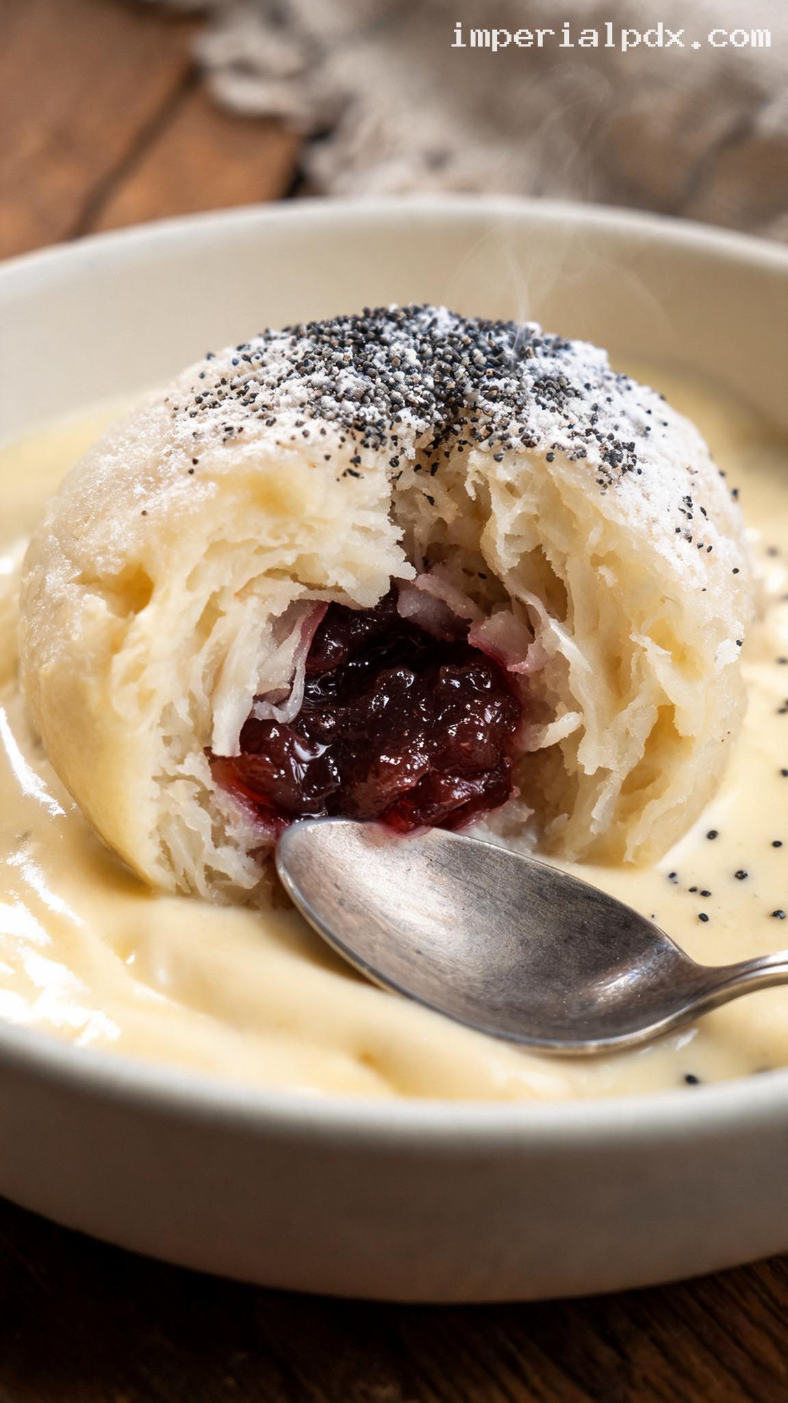 Germknödel With Plum Butter, Vanilla Sauce, and Poppy Seeds – Closeup