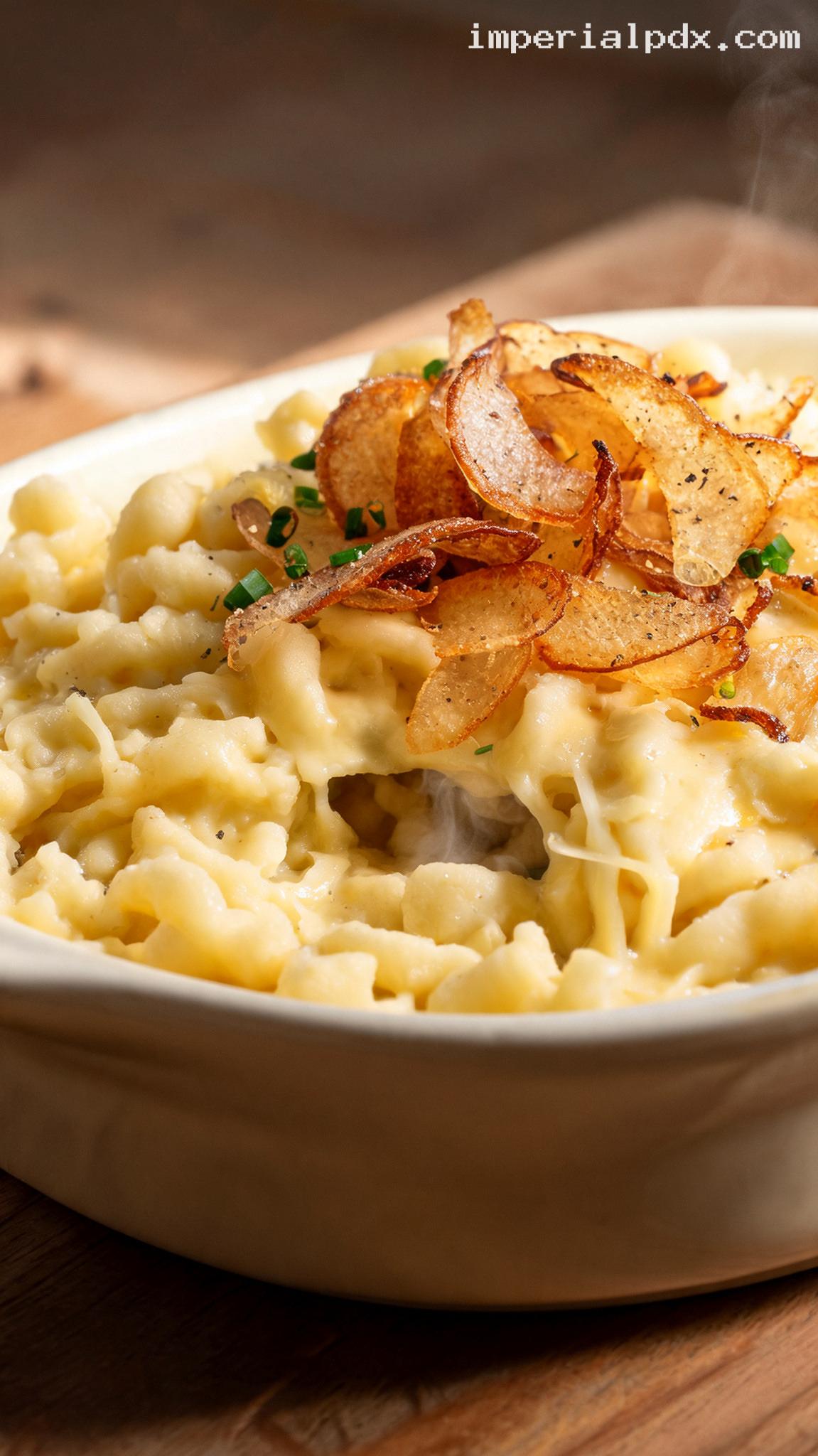 Käsespätzle With Alpine Cheese and Crispy Fried Onions – Closeup