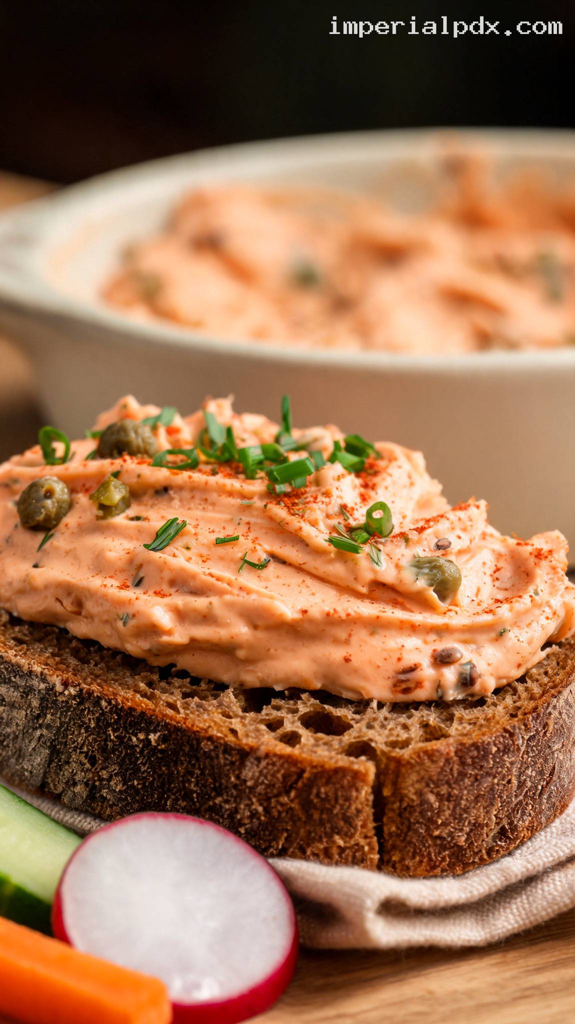 Liptauer Cheese Spread With Paprika, Capers, and Pickles – Closeup