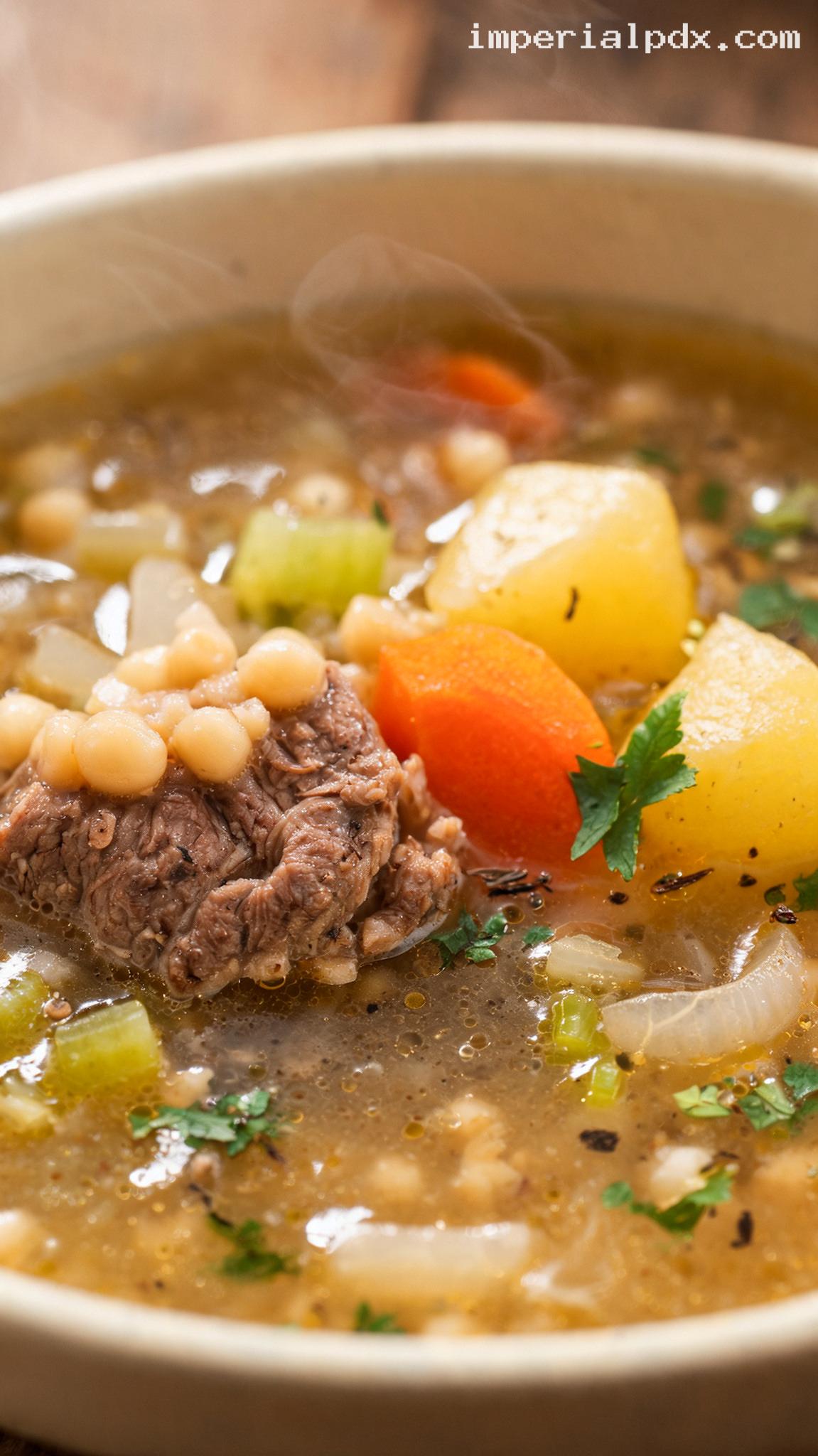 Pennsylvania Dutch Beef and Barley Soup with Garden Vegetables – Closeup