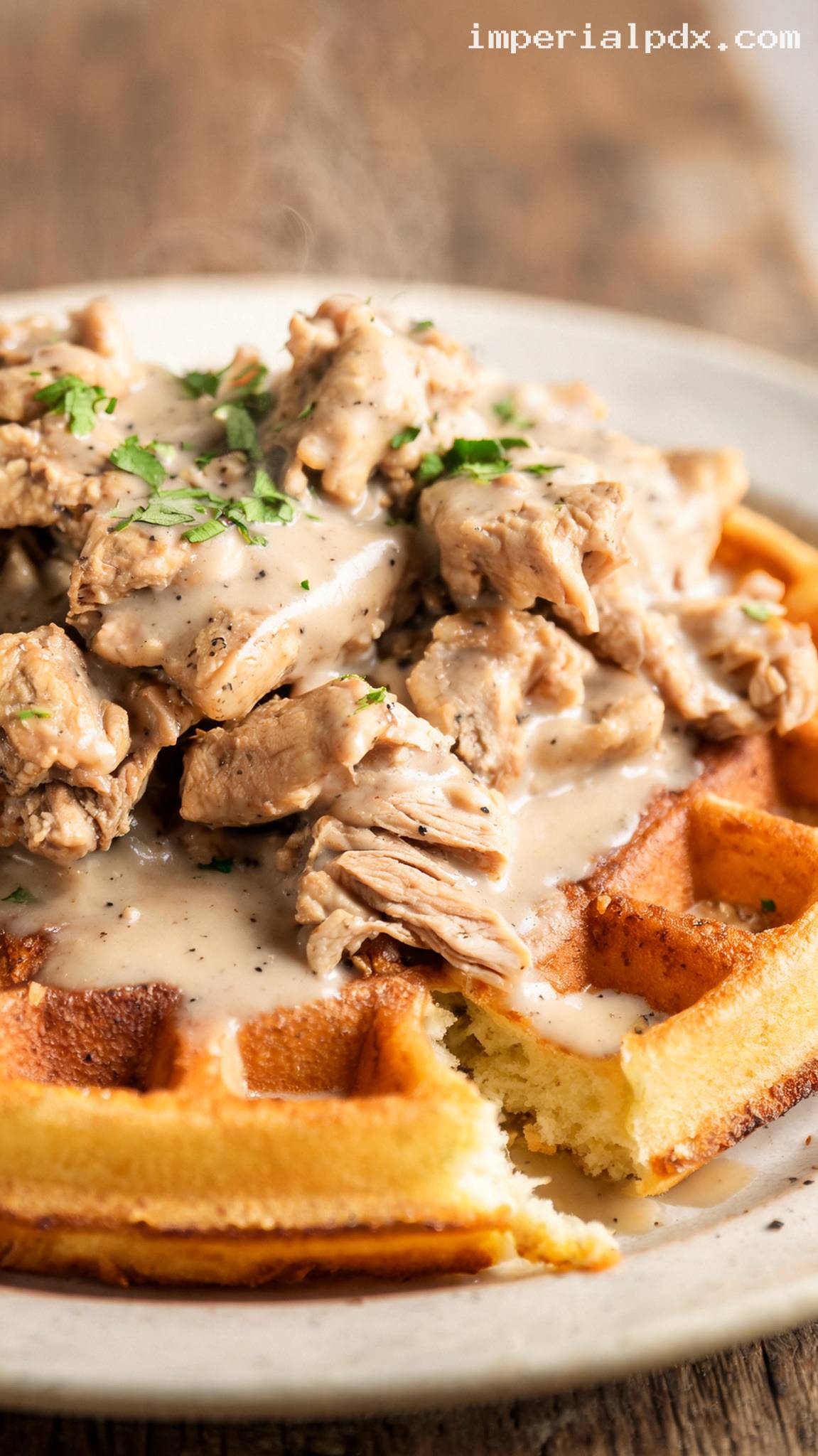 Pennsylvania Dutch Chicken and Waffles with Savory Gravy – Closeup