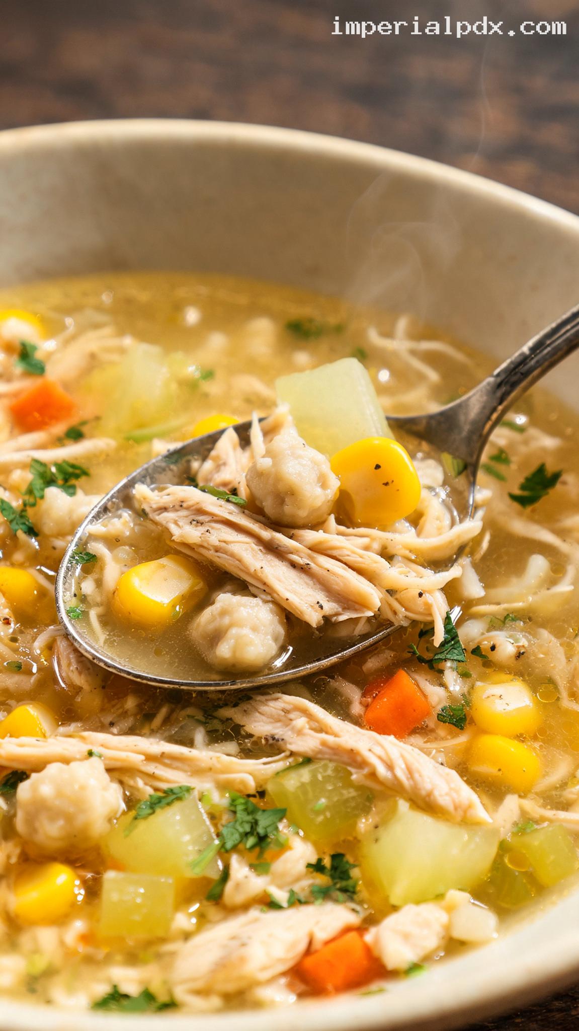 Pennsylvania Dutch Chicken Corn Soup with Rivels – Closeup
