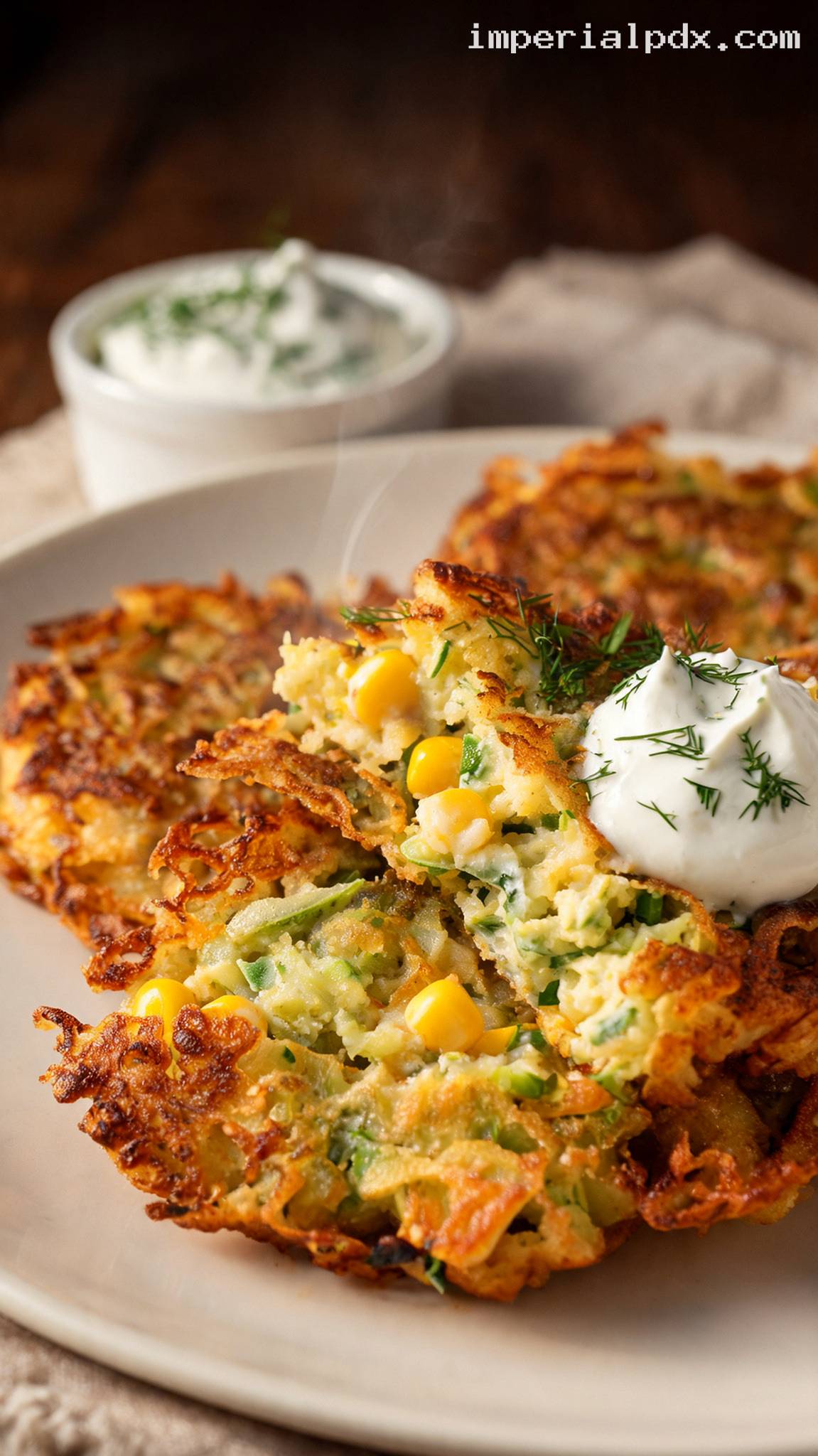 Pennsylvania Dutch Corn and Zucchini Fritters with Sour Cream – Closeup