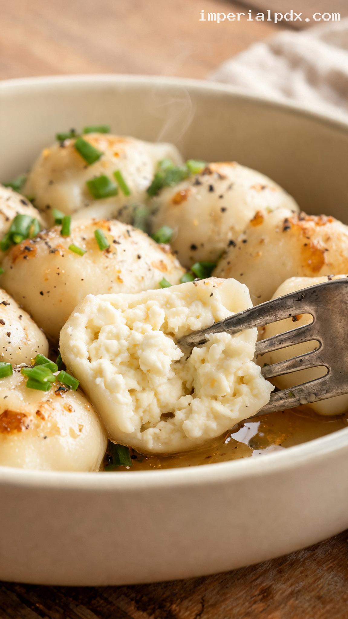 Pennsylvania Dutch Cottage Cheese Dumplings with Browned Butter and Chives – Closeup
