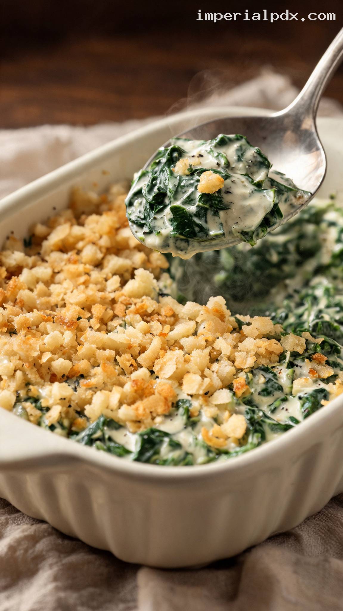 Pennsylvania Dutch Creamed Spinach with Buttered Bread Crumbs – Closeup