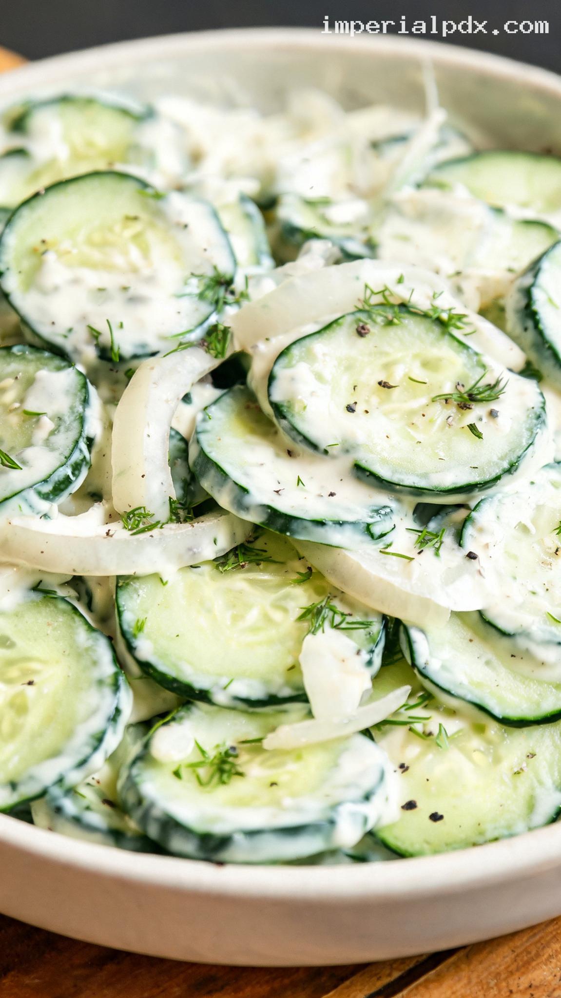 Pennsylvania Dutch Creamy Cucumber Salad with Fresh Dill – Closeup