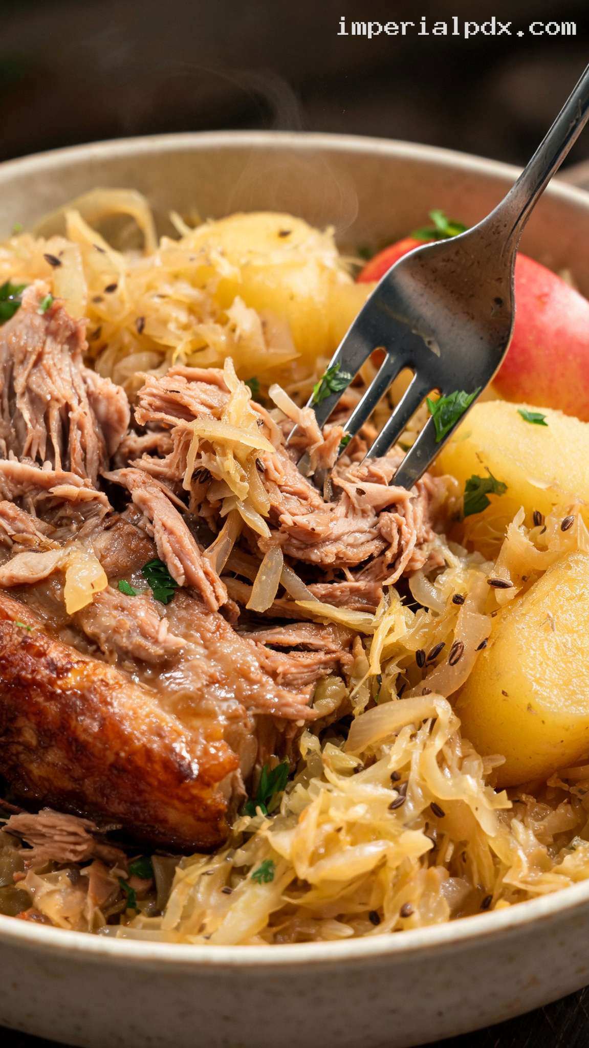 Pennsylvania Dutch Pork and Sauerkraut with Apples and Potatoes – Closeup