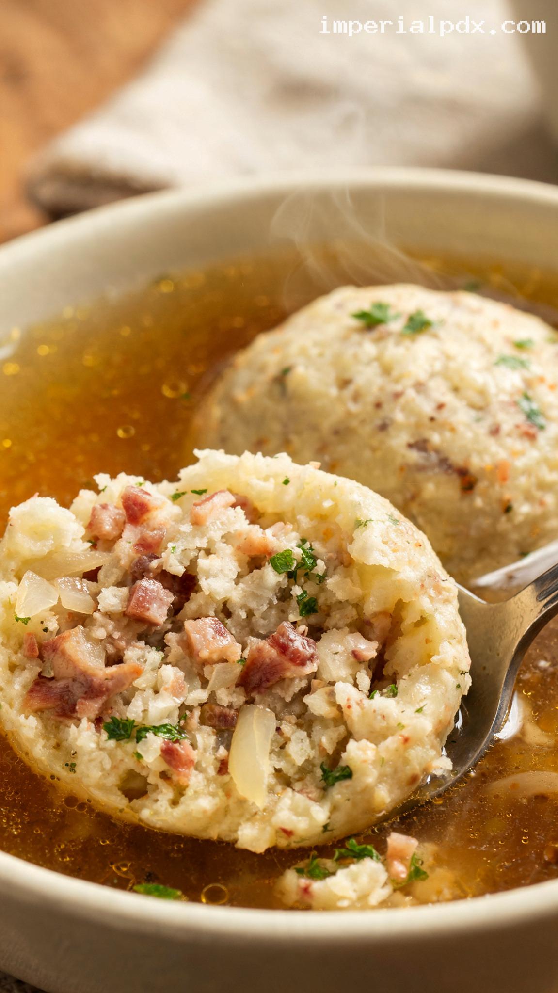 Speckknödel: Smoky Bacon Bread Dumplings – Closeup