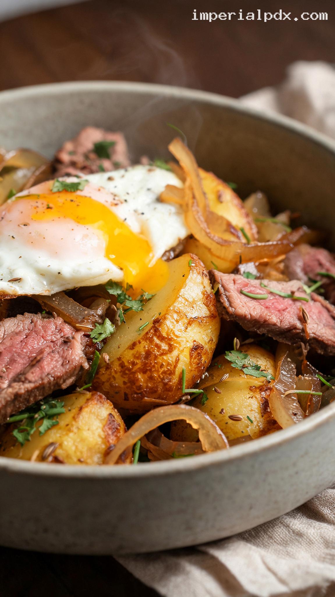 Tiroler Gröstl With Beef, Potatoes, and a Fried Egg – Closeup