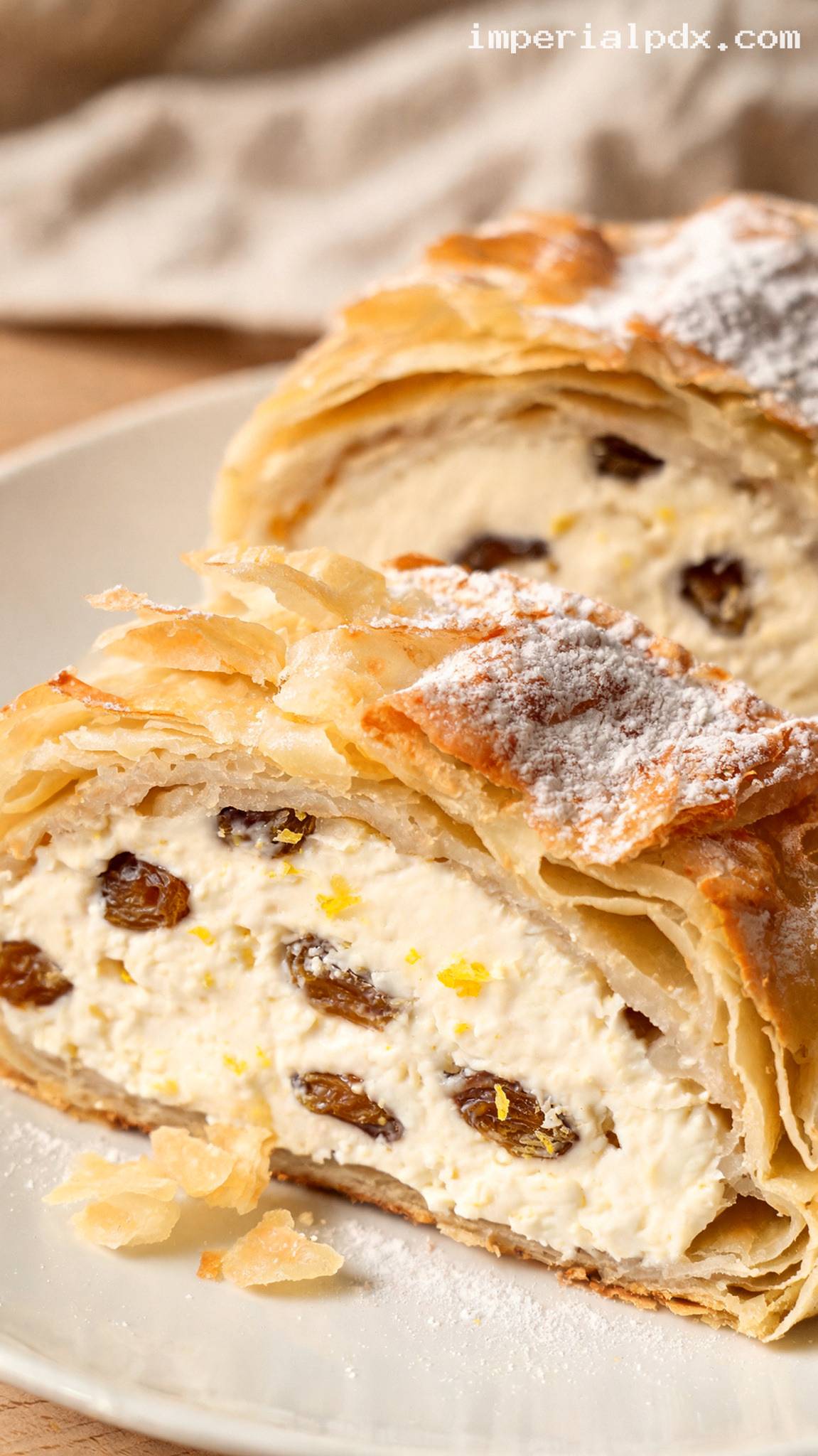 Topfenstrudel With Creamy Curd Cheese, Lemon, and Raisins – Closeup