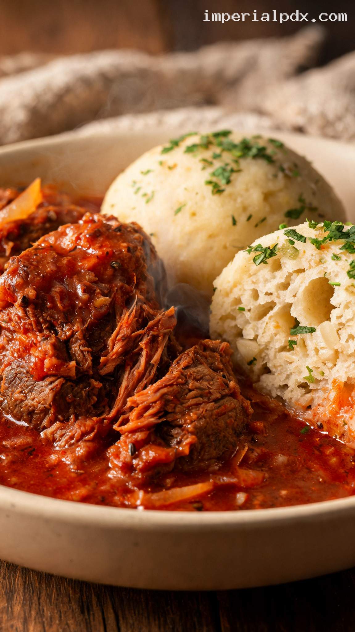 Viennese Beef Goulash With Soft Bread Dumplings – Closeup